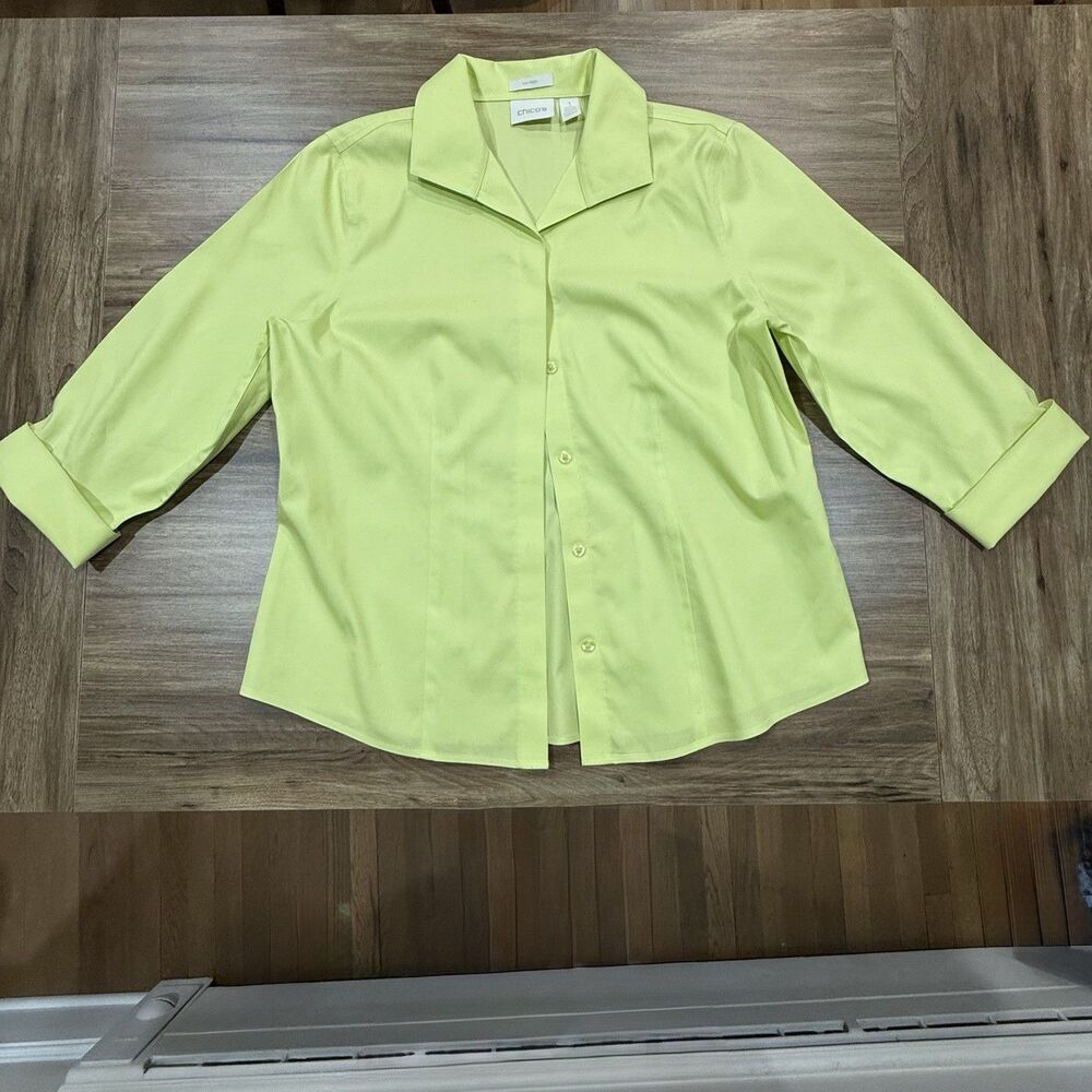 Chicos Blouse Sz 1 Cotton 3/4 Sleeve Button Up Florescent Green Yellow US Medium